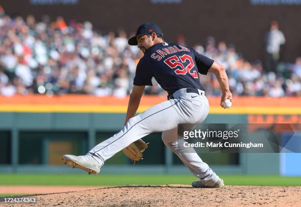 Nick Sandlin of the Cleveland Guardians pitches during the game against the Detroit Tigers at Comerica Park on October 1, 2023 in Detroit, Michigan....
