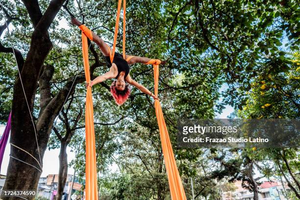 turnerin übt aerial silk übungen im öffentlichen park - luftakrobat stock-fotos und bilder