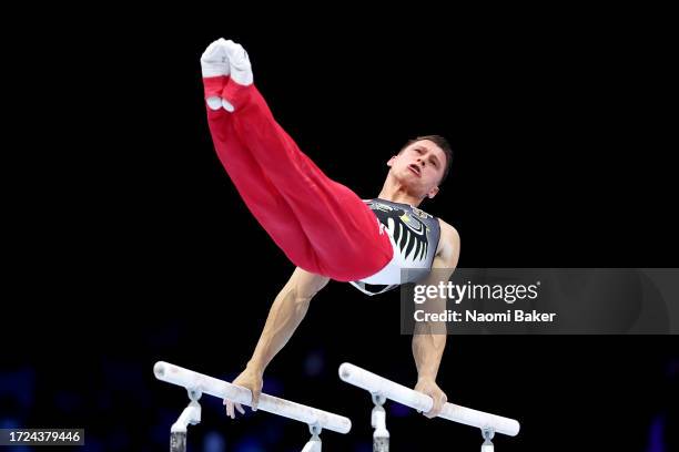 Lukas Dauser of Team Germany competes on Parallel Bars during the Men's Apparatus Finals on Day Nine of the 2023 Artistic Gymnastics World...