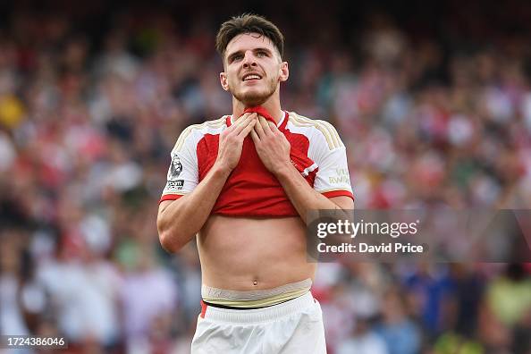 Arsenal Dillian Rice Declan Rice of Arsenal reacts during the Premier League match between ...