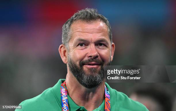 Ireland head coach Andy Farrell smiles after the Rugby World Cup France 2023 match between Ireland and Scotland at Stade de France on October 07,...