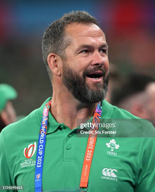 Ireland head coach Andy Farrell smiles after the Rugby World Cup France 2023 match between Ireland and Scotland at Stade de France on October 07,...