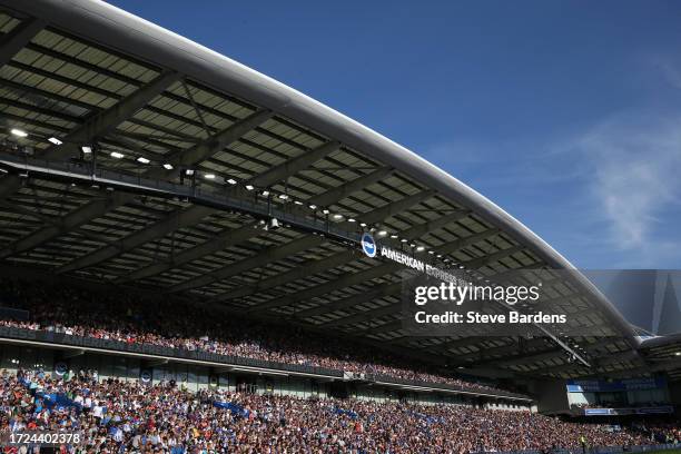 General view of supporters inside the Amex Stadium during the Premier League match between Brighton & Hove Albion and Liverpool FC at American...