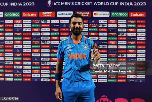 Rahul of India poses for a photo with the player of the match award following the ICC Men's Cricket World Cup India 2023 between India and Australia...