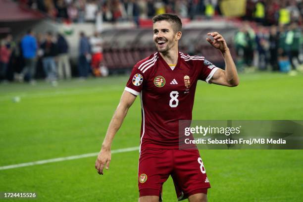 Adam Nagy of Hungary celebrates after winning the the UEFA EURO 2024 European qualifier match between Hungary and Serbia at Puskas Arena on October...