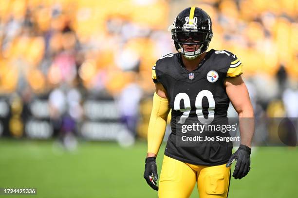Watt of the Pittsburgh Steelers looks on prior to a game against the Baltimore Ravensat Acrisure Stadium on October 08, 2023 in Pittsburgh,...