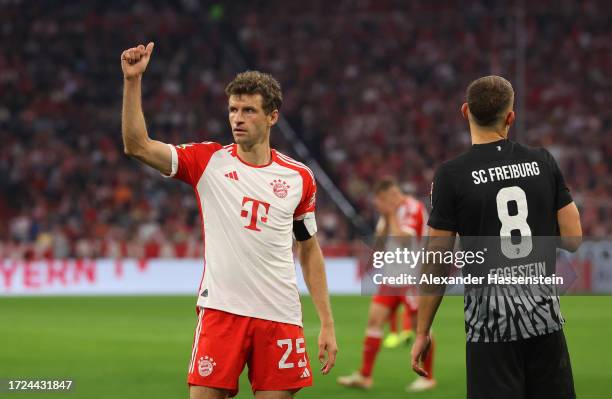 Thomas Mueller of Bayern Munich reacts during the Bundesliga match between FC Bayern München and Sport-Club Freiburg at Allianz Arena on October 08,...