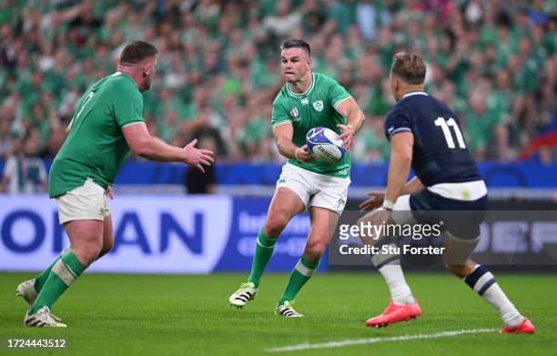 Ireland fly half Johnny Sexton in action during the national anthem during the Rugby World Cup France 2023 match between Ireland and Scotland at...