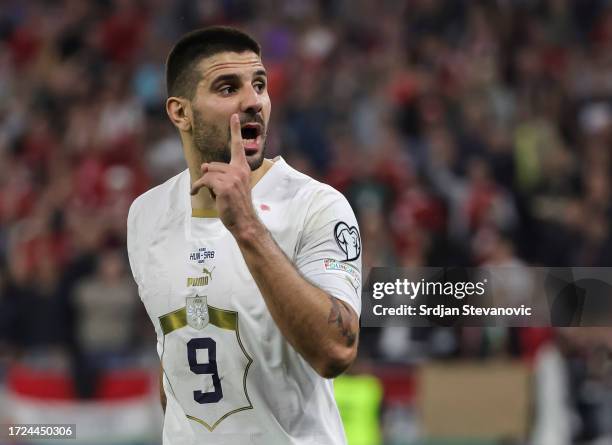 Aleksandar Mitrovic of Serbia reacts during the UEFA EURO 2024 European qualifier match between Hungary and Serbia at Puskas Arena on October 14,...