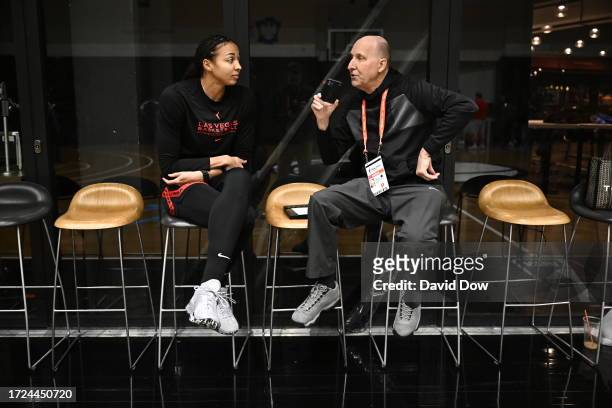 Kiah Stokes of the Las Vegas Aces talks to the media during practice and media availability at the 2023 WNBA Finals on October 14, 2023 in Brooklyn,...