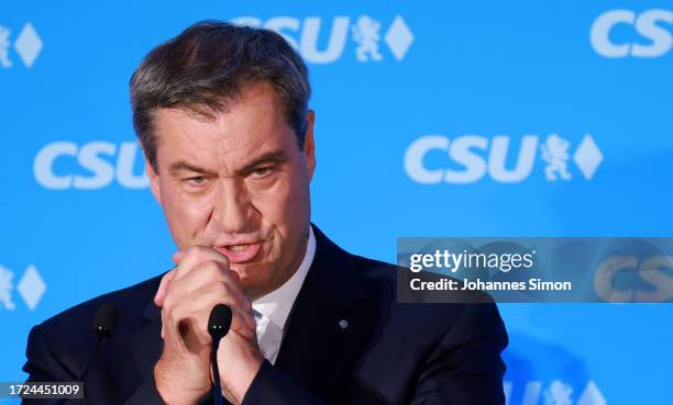 Markus Soeder, Premier of Bavaria and leader of the Christian Social Union , the Bavarian sister party to the German Christian Democrats , speaks to...