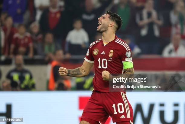 Dominik Szoboszlai of Hungary celebrates after the UEFA EURO 2024 European qualifier match between Hungary and Serbia at Puskas Arena on October 14,...