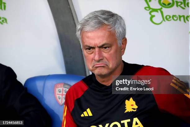 Josè Mourinho coach of Roma looks on during the Serie A TIM match between Cagliari Calcio and AS Roma at Sardegna Arena on October 08, 2023 in...