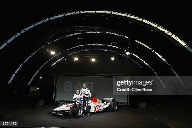 Jacques Villeneuve and Jenson Button during the launch of the British American Racing Honda BAR05 F1 car at Pabilion Italia, Fira de Barcelona, on...