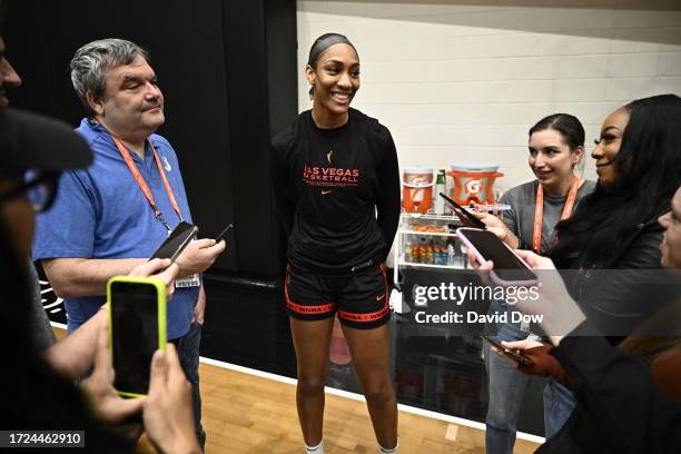 Ja Wilson of the Las Vegas Aces talks to the media during practice and media availability at the 2023 WNBA Finals on October 14, 2023 in Brooklyn,...