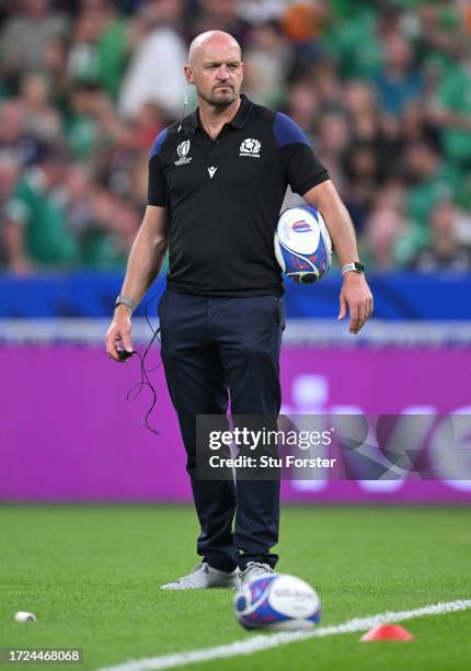 Scotland coach Gregor Townsend looks on during the warm up during the Rugby World Cup France 2023 match between Ireland and Scotland at Stade de...