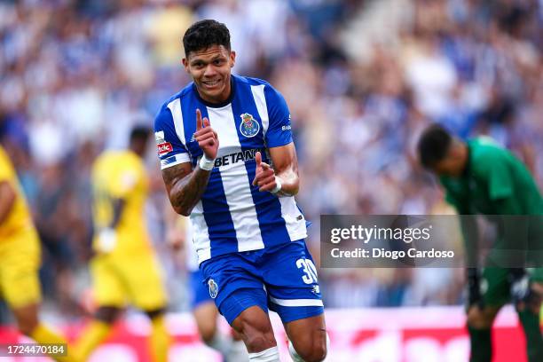 Evanilson of FC Porto celebrates after scoring his team's first goal during the Liga Portugal Bwin match between FC Porto and Portimonense SC at...