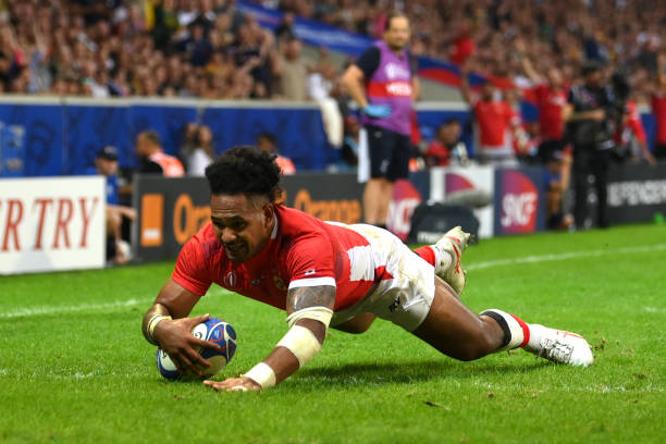Solomone Kata of Tonga scores his team's sixth try during the Rugby World Cup France 2023 match between Tonga and Romania at Stade Pierre Mauroy on...