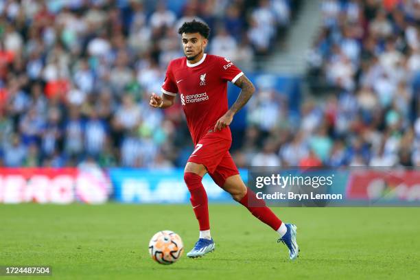 Luis Diaz of Liverpool in action during the Premier League match between Brighton & Hove Albion and Liverpool FC at American Express Community...