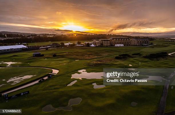 An aerial view across the course during rainfall, ahead of Round Three, during Day Four of the Alfred Dunhill Links Championship at the Old Course...