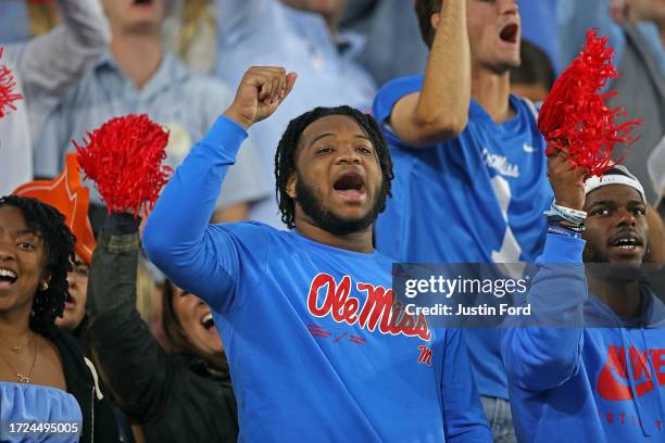 Mississippi Rebels fans during the game against the Arkansas Razorbacks at Vaught-Hemingway Stadium on October 07, 2023 in Oxford, Mississippi.