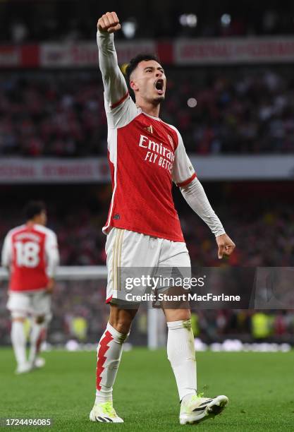 Gabriel Martinelli of Arsenal celebrates following their sides victory after the Premier League match between Arsenal FC and Manchester City at...