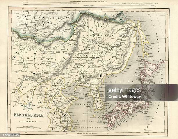 central asia including japan antique map 19th century 1843 - korea stock illustrations