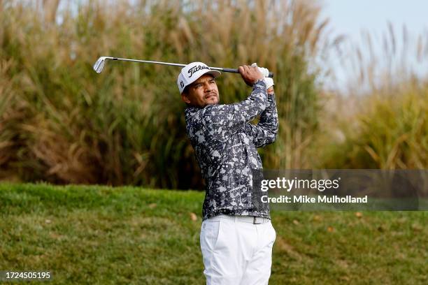 Fabian Gomez of Argentina hits a tee shot on the seventh hole during the final round of the Korn Ferry Tour Championship presented by United Leasing...