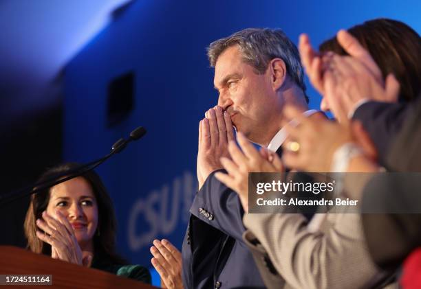 Markus Soeder, Premier of Bavaria and leader of the Christian Social Union , reacts to initial results in Bavarian state elections following the...