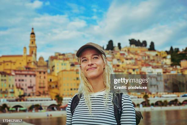 young adult female enjoying her trip to benton, travelling in the south of france. - menton stock pictures, royalty-free photos & images