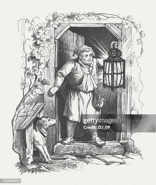 man with lantern. romantic szene from the past, published 1871 - dog remembering stock illustrations