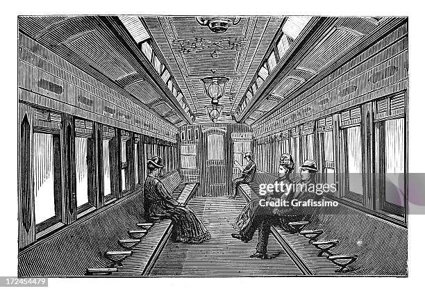engraving interior of train in new york 1879 - new york subway train stock illustrations