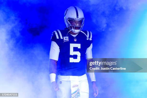 Anthony Richardson of the Indianapolis Colts exits the tunnel prior to the game against the Tennessee Titans at Lucas Oil Stadium on October 08, 2023...