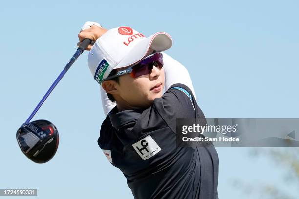 Hyo Joo Kim of South Korea plays her shot from the ninth tee during the final round of The Ascendant LPGA benefiting Volunteers of America at Old...