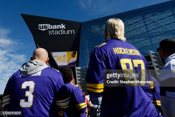 Minnesota Vikings fans gather outside the stadium prior to a game against the Kansas City Chiefs at U.S. Bank Stadium on October 08, 2023 in...
