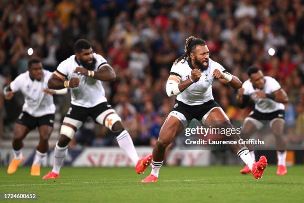 Waisea Nayacalevu of Fiji leads the Cibi prior to kick-off ahead of the Rugby World Cup France 2023 match between Fiji and Portugal at Stadium de...