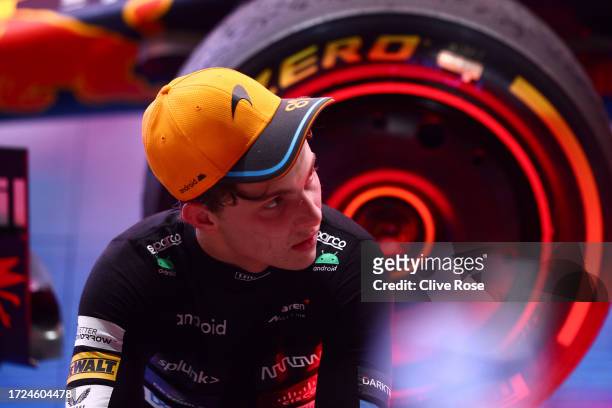 Second placed Oscar Piastri of Australia and McLaren looks on in parc ferme during the F1 Grand Prix of Qatar at Lusail International Circuit on...