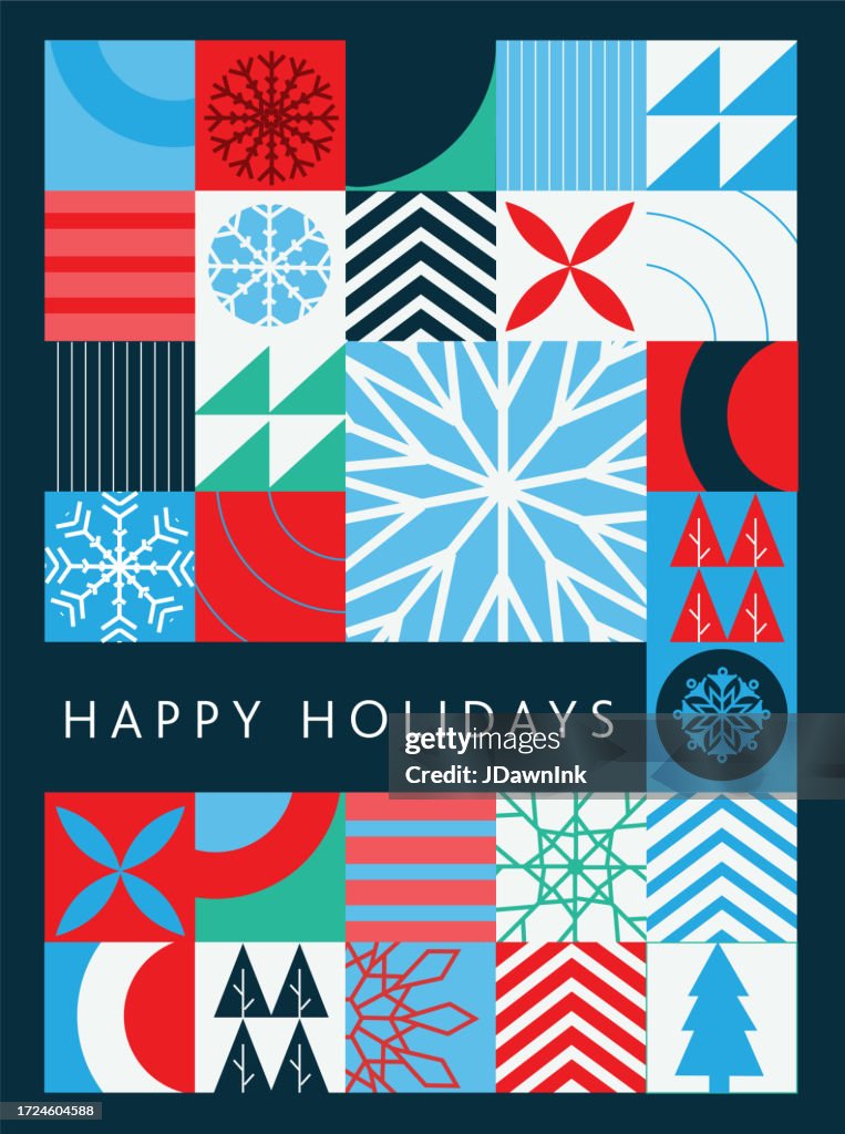 Happy Holidays Greeting abstract geometric mosaic greeting card flat design template with snowflakes, trees, stripes