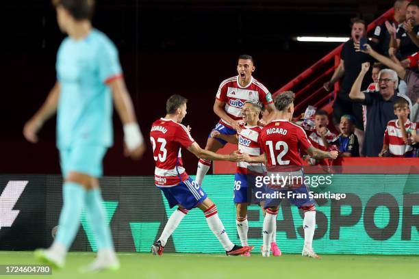 Bryan Zaragoza of Granada CF celebrates after scoring their first side goal during the LaLiga EA Sports match between Granada CF and FC Barcelona at...