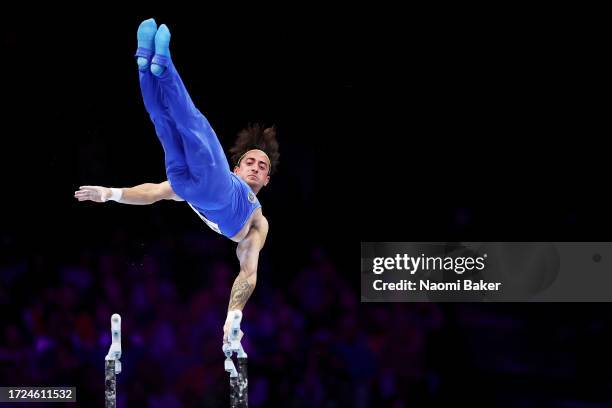Matteo Levantesi of Italy performs his routine on the Parallel bars during the Men's Final during Day Nine of the 2023 Artistic Gymnastics World...