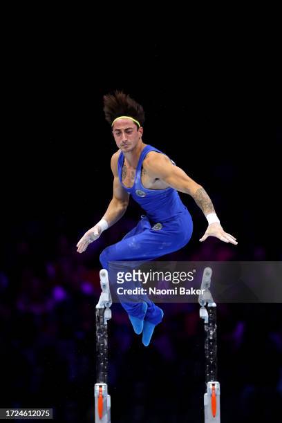 Matteo Levantesi of Italy performs his routine on the Parallel bars during the Men's Final during Day Nine of the 2023 Artistic Gymnastics World...