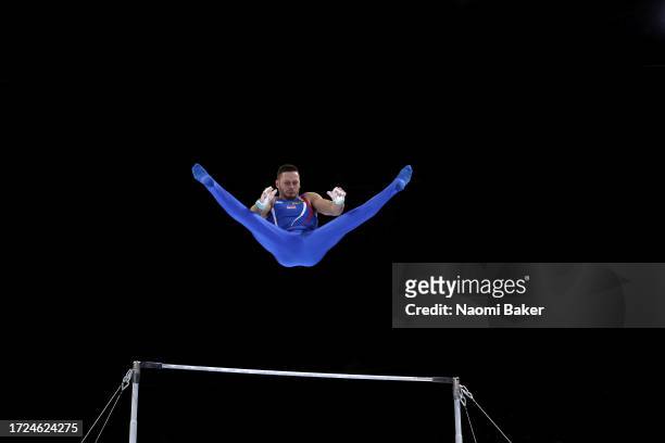 Silver Medalist Tin Srbic of Croatia performs his routine during the Men's Horizontal Bar Final during Day Nine of the 2023 Artistic Gymnastics World...