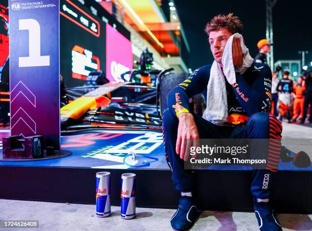 Race winner Max Verstappen of the Netherlands and Oracle Red Bull Racing looks on in parc ferme during the F1 Grand Prix of Qatar at Lusail...