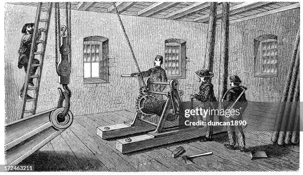 19th century miners - mining machinery stock illustrations