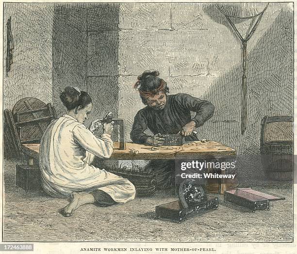 vietnamese workmen inlaying with mother-of-pearl 19th century 1876 - 1876 stock illustrations