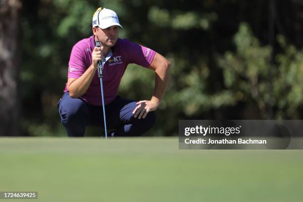 Luke List of the United States lines up a putt on the fourth green during the final round of the Sanderson Farms Championship at The Country Club of...