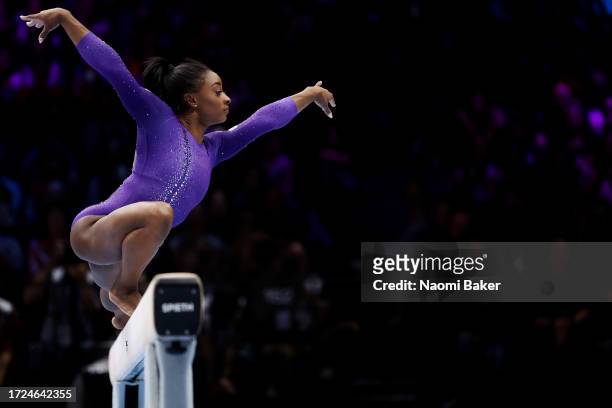 Simone Biles of The United States of America performs her Beam routine during the Women's Beam final during Day Nine of the 2023 Artistic Gymnastics...