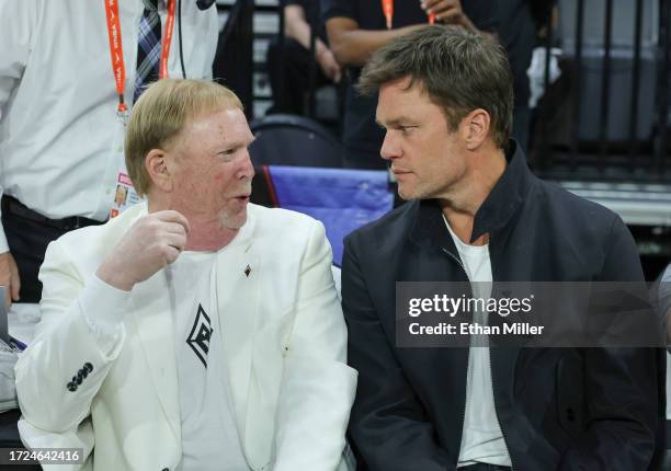 Las Vegas Raiders owner and managing general partner and Las Vegas Aces owner Mark Davis and Tom Brady attend Game One of the 2023 WNBA Playoffs...