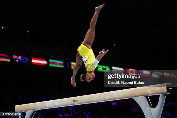 Silver Medalist Rebeca Andrade of Brazil during the Women's Beam Final during Day Nine of the 2023 Artistic Gymnastics World Championships on October...