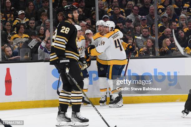 The Nashville Predators celebrate a first period goal against the Boston Bruins on October 14, 2023 at the TD Garden in Boston, Massachusetts.